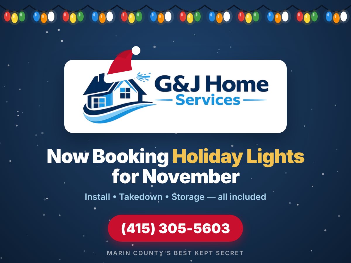 G&J Home Services logo with a Santa hat, now booking holiday lights for November